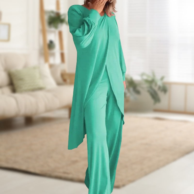 Caelsia | Women's Two-Piece Lounge Set Long Sleeve Top & Wide-Leg Trousers Women — Green