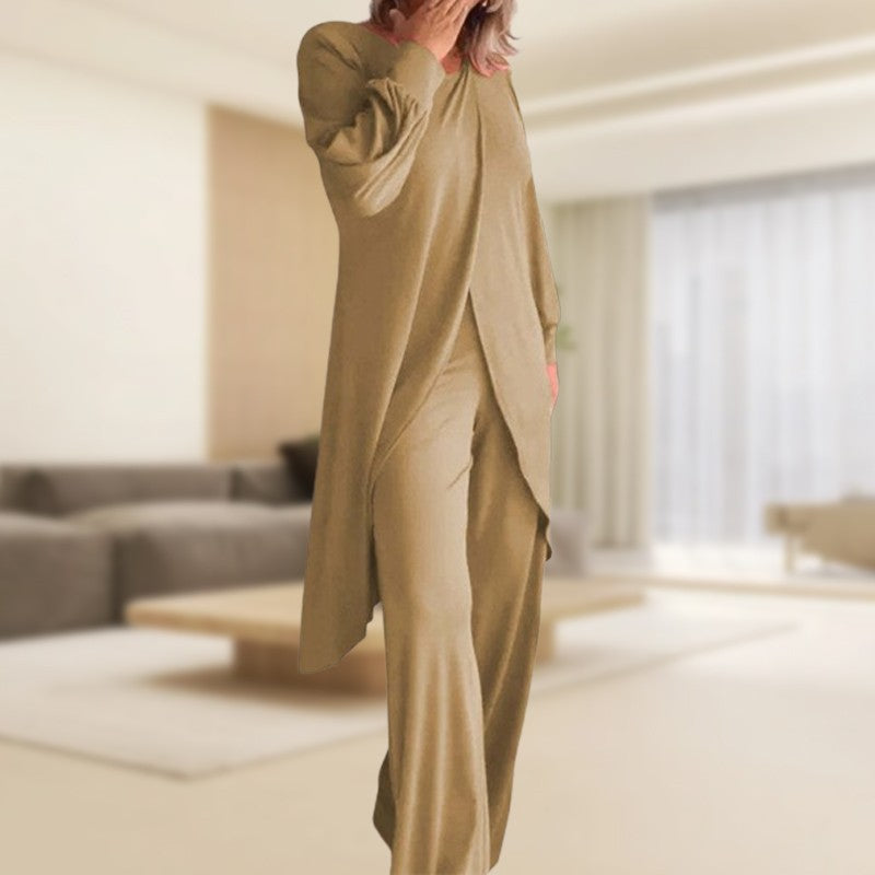 Caelsia | Women's Two-Piece Lounge Set Long Sleeve Top & Wide-Leg Trousers Women — Khaki