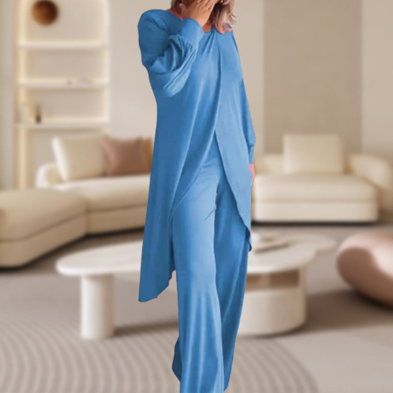 Caelsia | Women's Two-Piece Lounge Set Long Sleeve Top & Wide-Leg Trousers Women — Light Blue