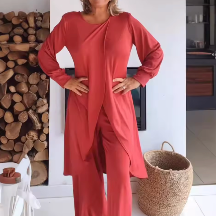 Caelsia | Women's Two-Piece Lounge Set Long Sleeve Top & Wide-Leg Trousers Women — Red