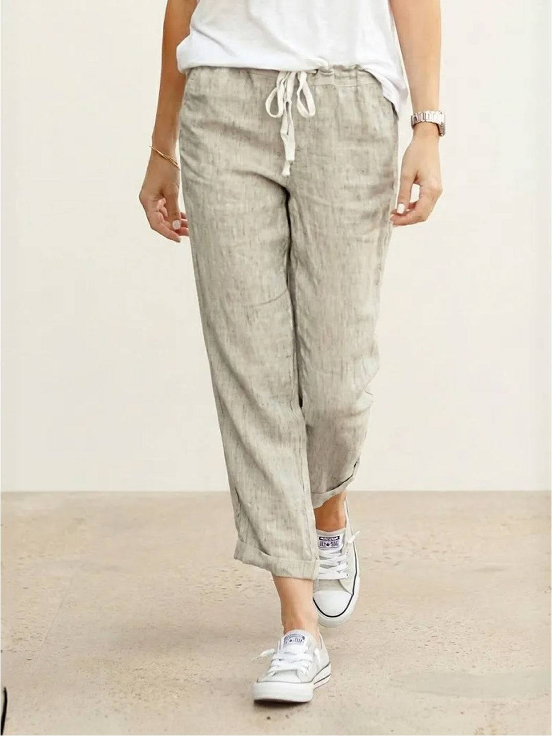 Caereth | Women's Wide-Leg Linen Tapered Fit Drawstring Pants | Relaxed Trousers — Apricot