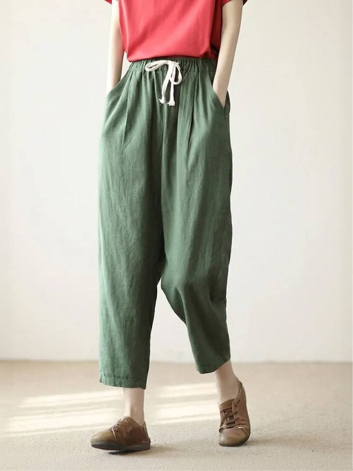 Caereth | Women's Wide-Leg Linen Tapered Fit Drawstring Pants | Relaxed Trousers — Army Green