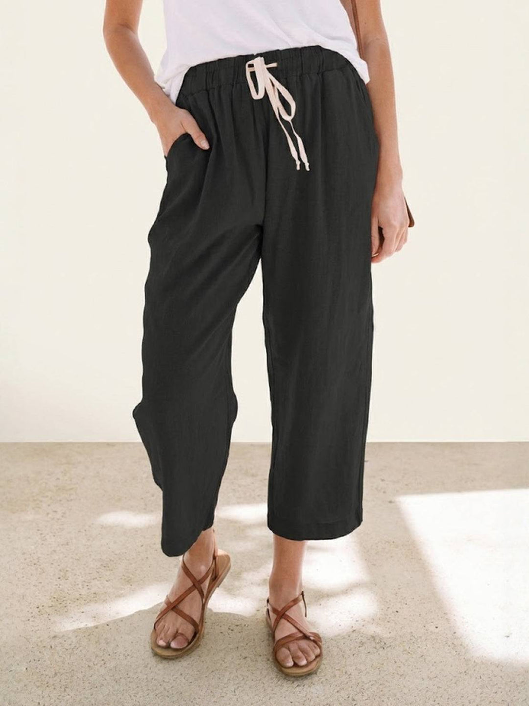 Caereth | Women's Wide-Leg Linen Tapered Fit Drawstring Pants | Relaxed Trousers — Black