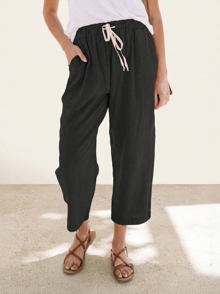 Caereth | Women's Wide-Leg Linen Tapered Fit Drawstring Pants | Relaxed Trousers — Black