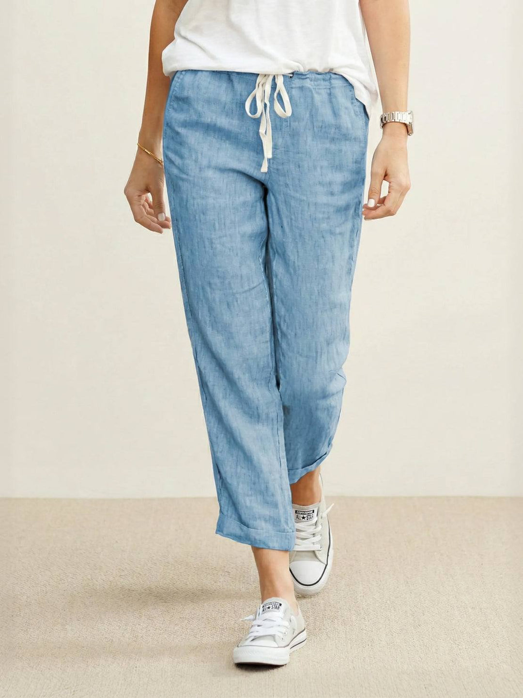 Caereth | Women's Wide-Leg Linen Tapered Fit Drawstring Pants | Relaxed Trousers — Light Blue