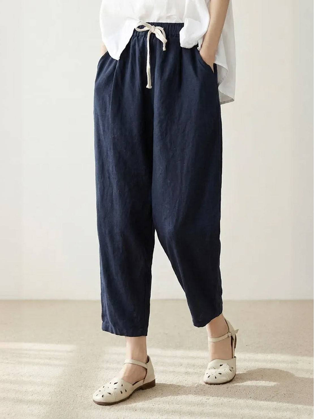 Caereth | Women's Wide-Leg Linen Tapered Fit Drawstring Pants | Relaxed Trousers — Navy Blue