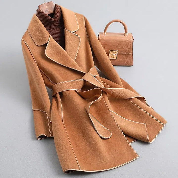 Calliope | Women's Double-Breasted Aria Virgin Wool Trench Coat — Amber Camel