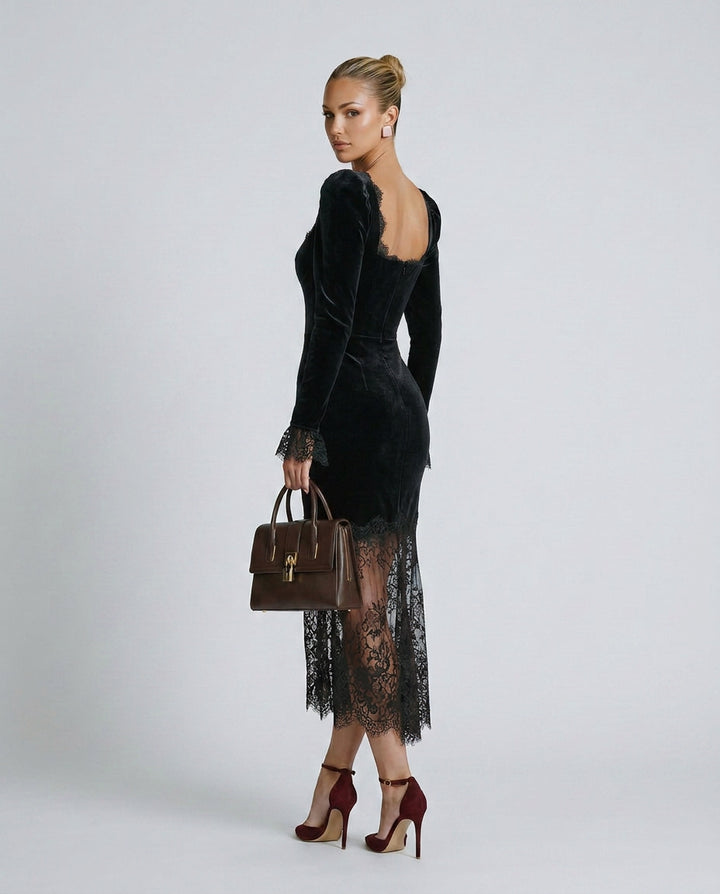 Caroline | Women's Wedding Guest Elegant Velvet Lace Fitted Maxi Dress with Long Sleeves Dresses — 3