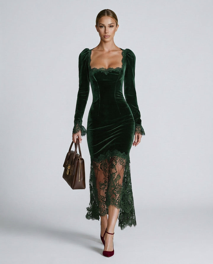 Caroline | Women's Wedding Guest Elegant Velvet Lace Fitted Maxi Dress with Long Sleeves Dresses — Dark Green