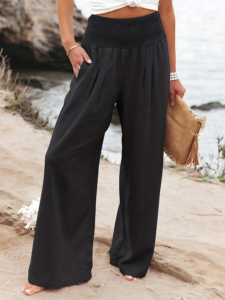 Caulelle | Women's Wide-Leg Trousers Beige Linen Smocked Waist for — Black