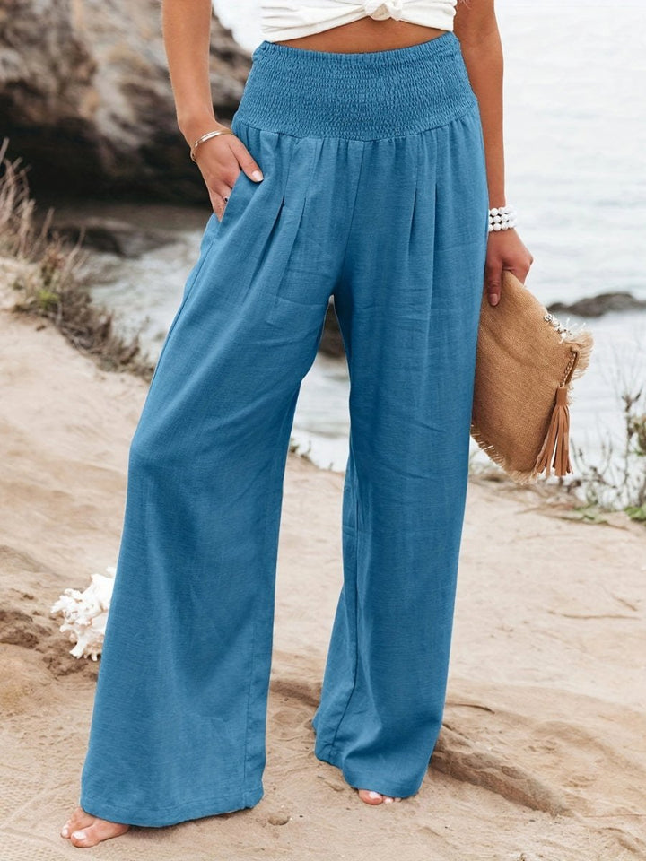 Caulelle | Women's Wide-Leg Trousers Beige Linen Smocked Waist for — Blue