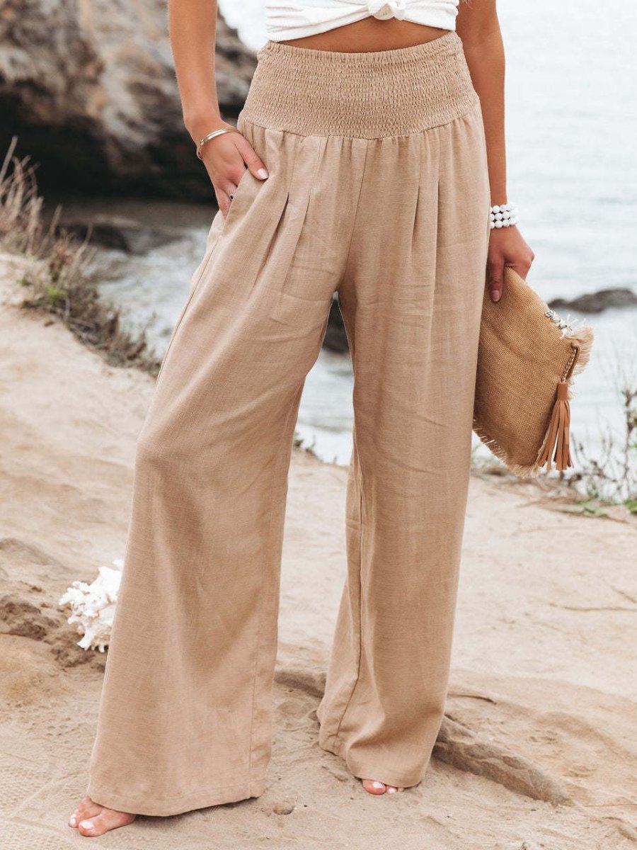 Caulelle | Women's Wide-Leg Trousers Beige Linen Smocked Waist for — 1