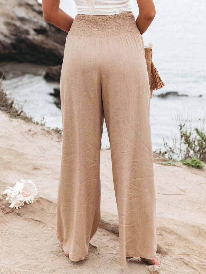 Caulelle | Women's Wide-Leg Trousers Beige Linen Smocked Waist for — 2