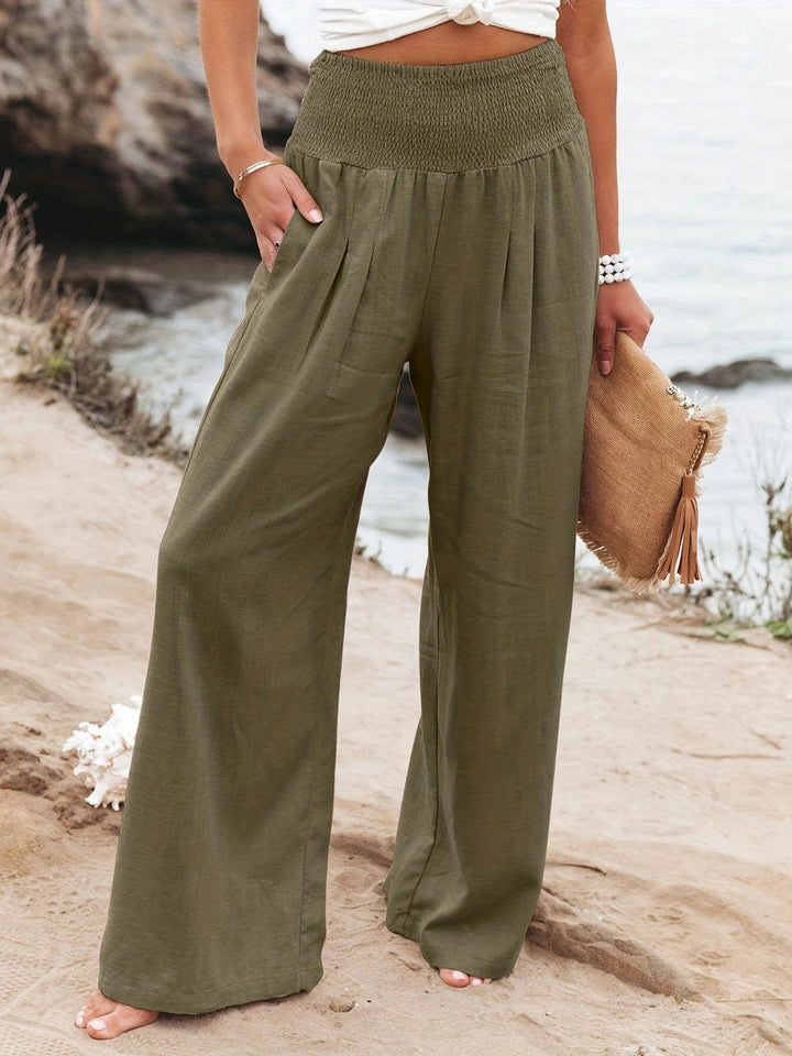 Caulelle | Women's Wide-Leg Trousers Beige Linen Smocked Waist for — Green