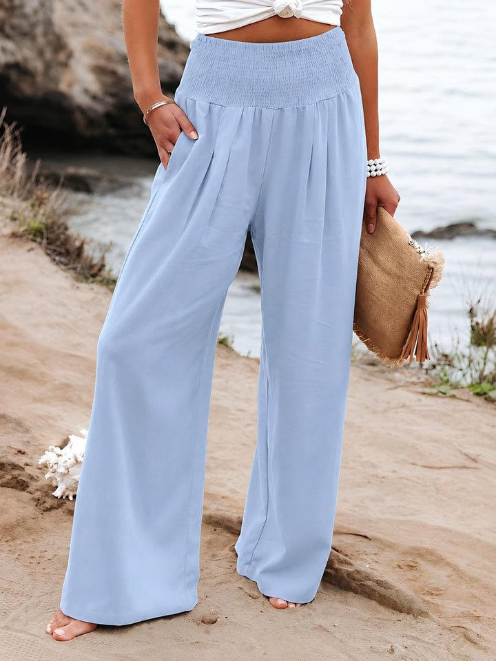 Caulelle | Women's Wide-Leg Trousers Beige Linen Smocked Waist for — Light Blue
