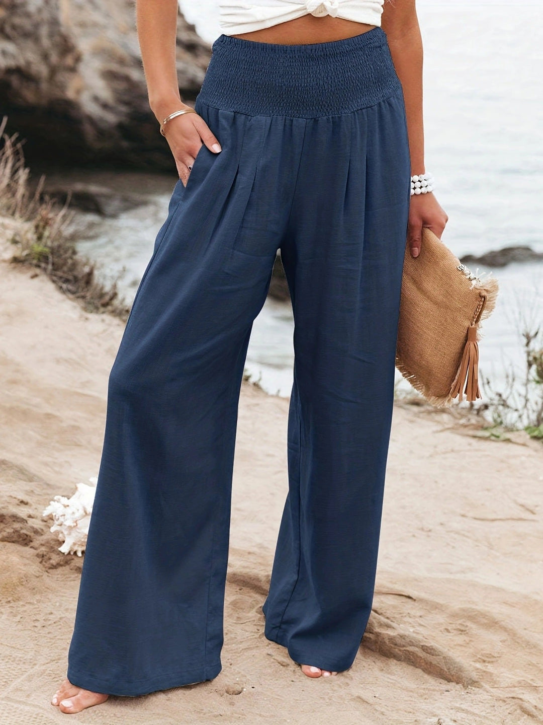 Caulelle | Women's Wide-Leg Trousers Beige Linen Smocked Waist for — Navy Blue