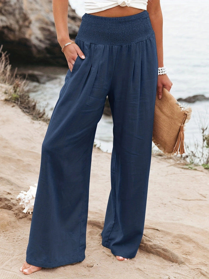 Caulelle | Women's Wide-Leg Trousers Beige Linen Smocked Waist for — Navy Blue
