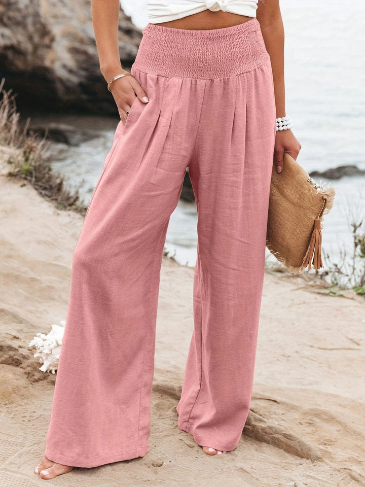 Caulelle | Women's Wide-Leg Trousers Beige Linen Smocked Waist for — Pink