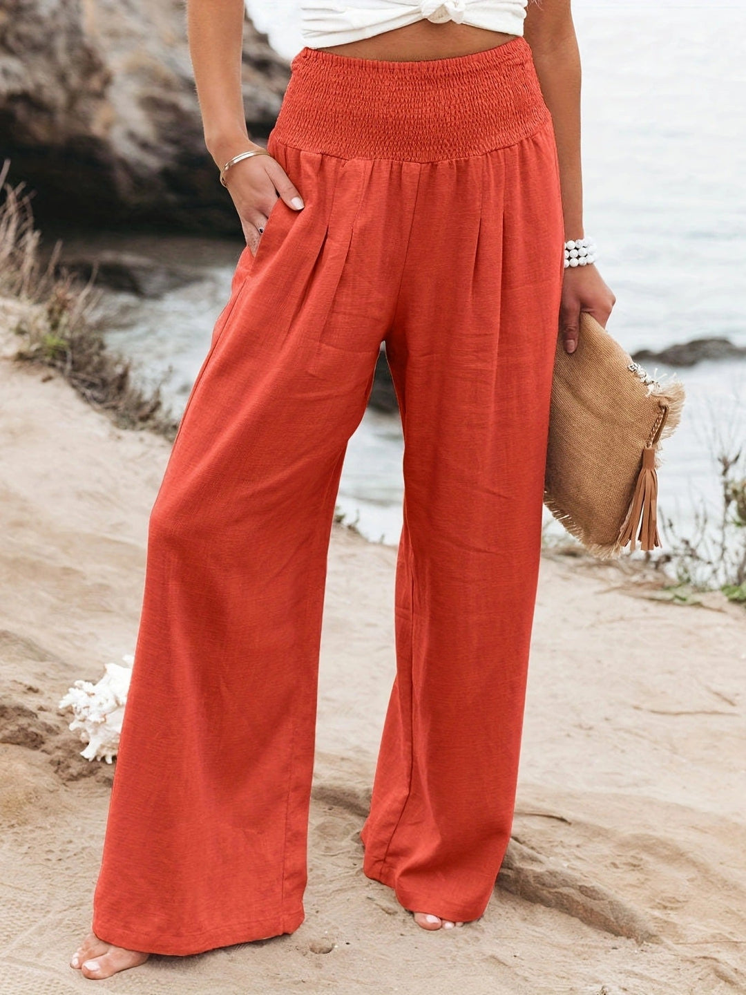 Caulelle | Women's Wide-Leg Trousers Beige Linen Smocked Waist for — Red
