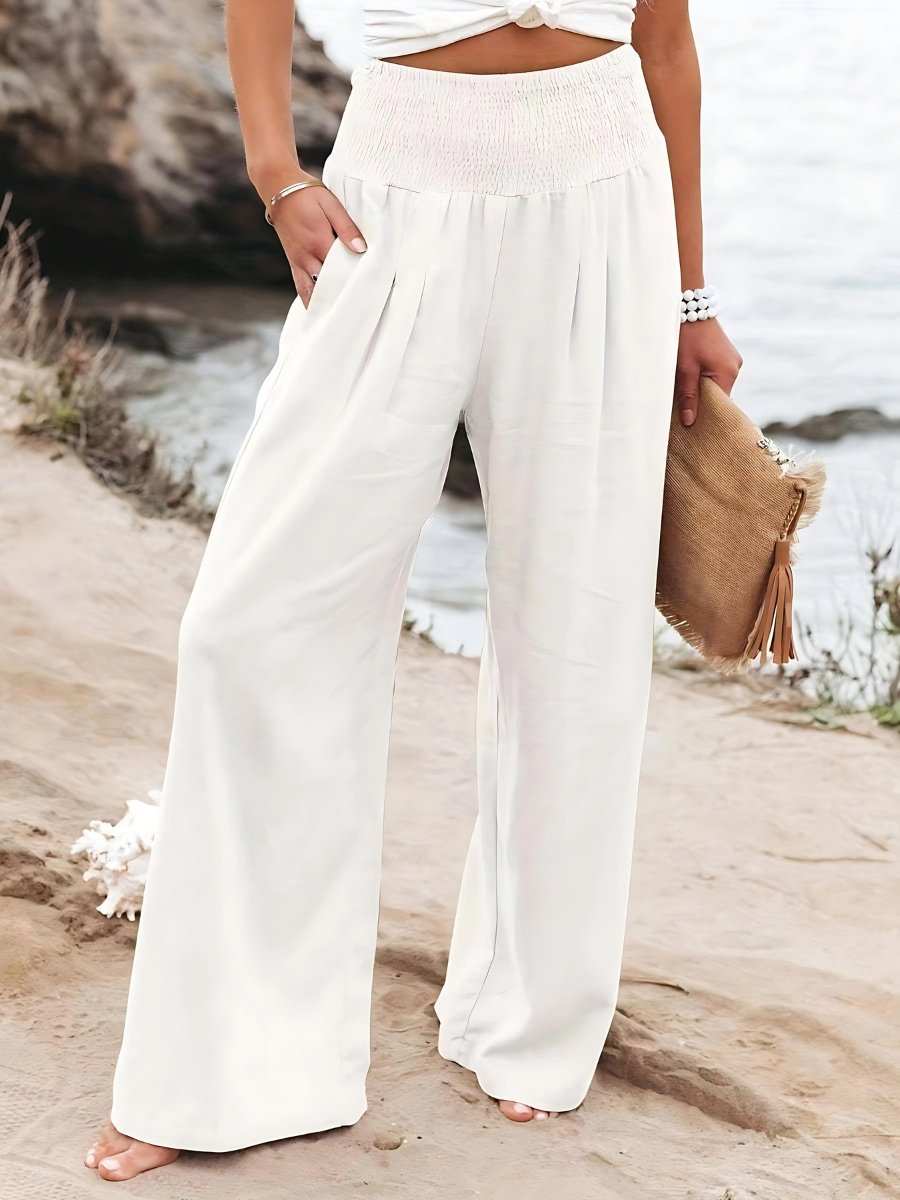 Caulelle | Women's Wide-Leg Trousers Beige Linen Smocked Waist for — White