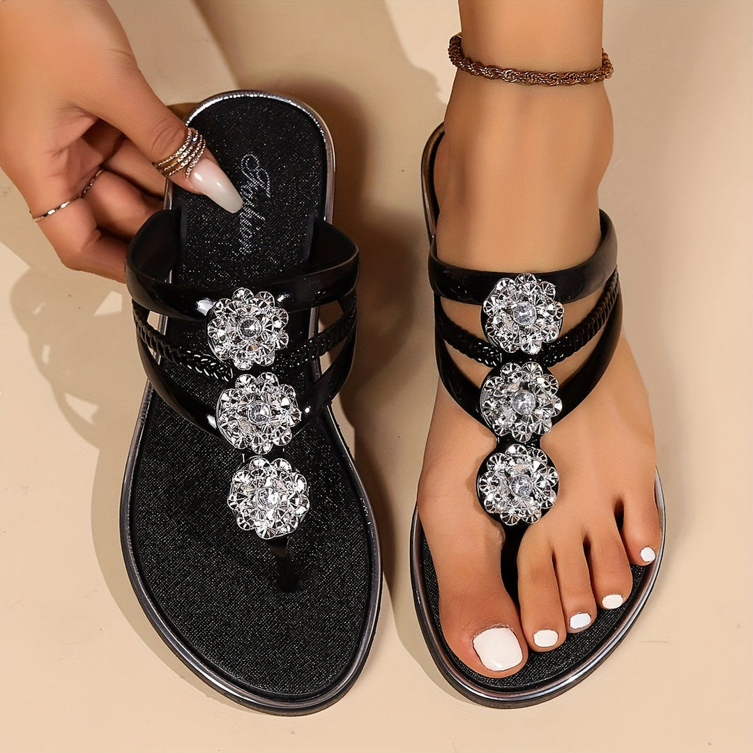 Celeste | Women's Comfortable Summer Rhinestone Sandals With Toe Loop Design — Black