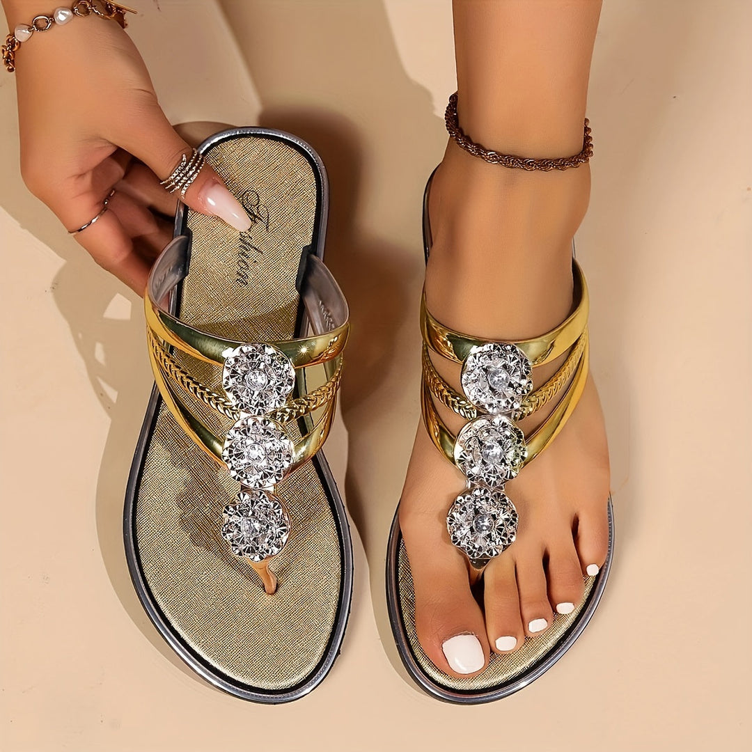 Celeste | Women's Comfortable Summer Rhinestone Sandals With Toe Loop Design — Gold