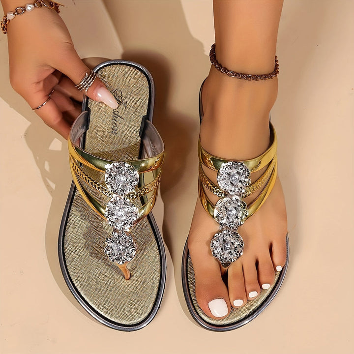 Celeste | Women's Comfortable Summer Rhinestone Sandals With Toe Loop Design — Gold