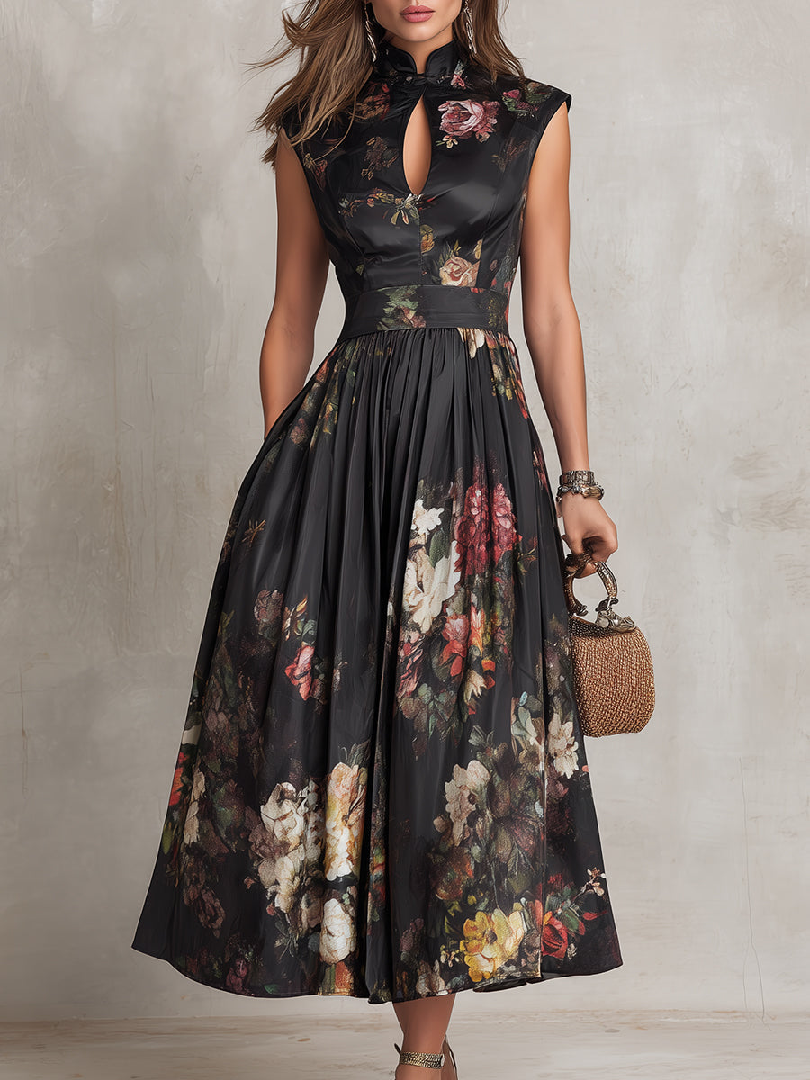 Celienne | Women's Maxi High-Waist Black Floral Dress for Formal Wedding Guest Style with A Line Midi Skirt — Black