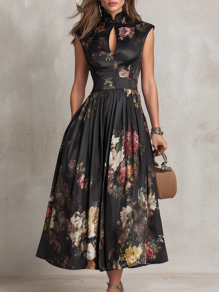Celienne | Women's Maxi High-Waist Black Floral Dress for Formal Wedding Guest Style with A Line Midi Skirt — Black
