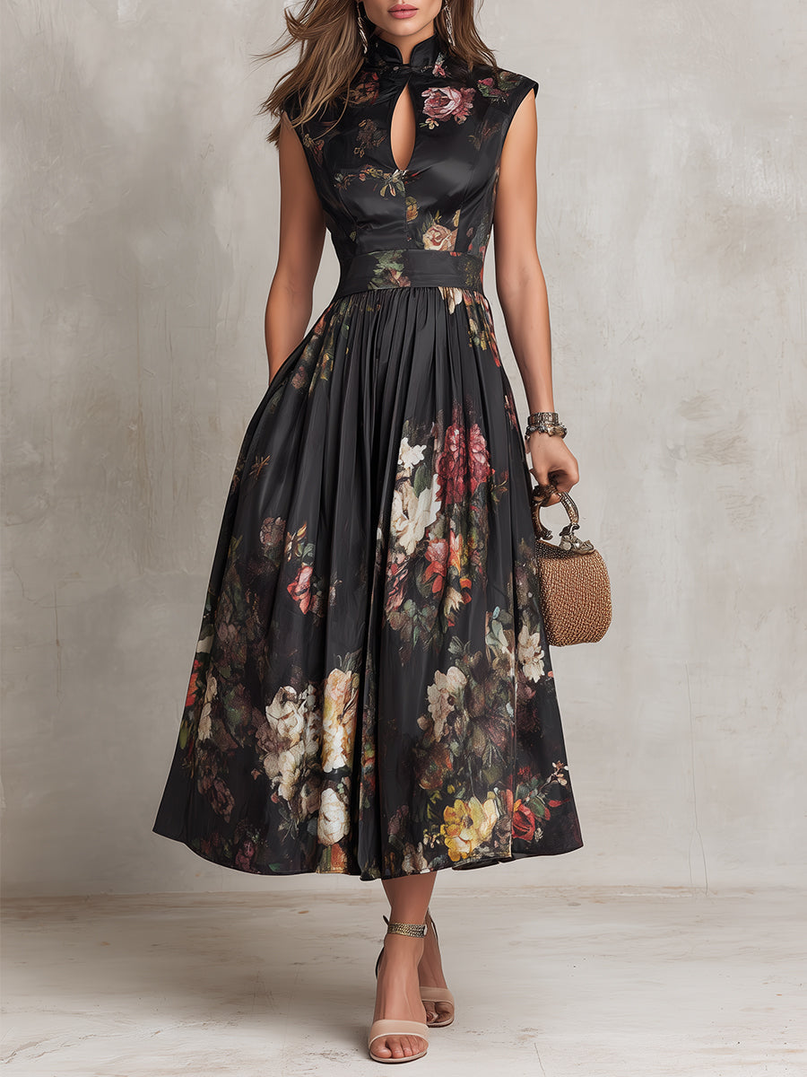 Celienne | Women's Maxi High-Waist Black Floral Dress for Formal Wedding Guest Style with A Line Midi Skirt — 1