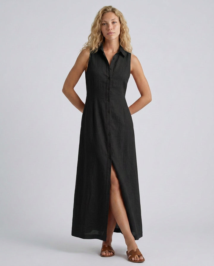 Chloe | Women's Wedding Guest Elegant Linen-Blend Sleeveless Maxi Shirt Dress Dresses — Black