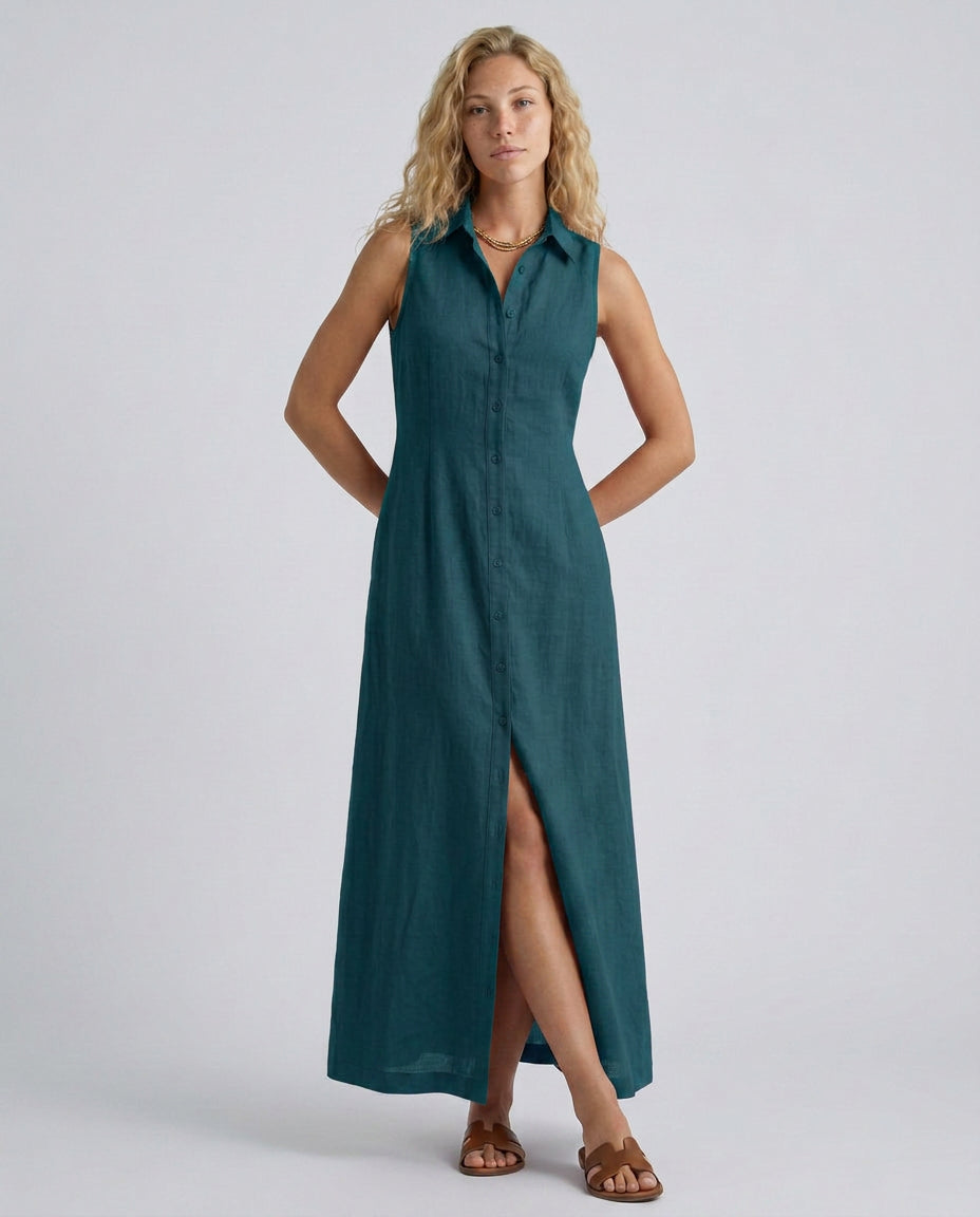 Chloe | Women's Wedding Guest Elegant Linen-Blend Sleeveless Maxi Shirt Dress Dresses — Blue