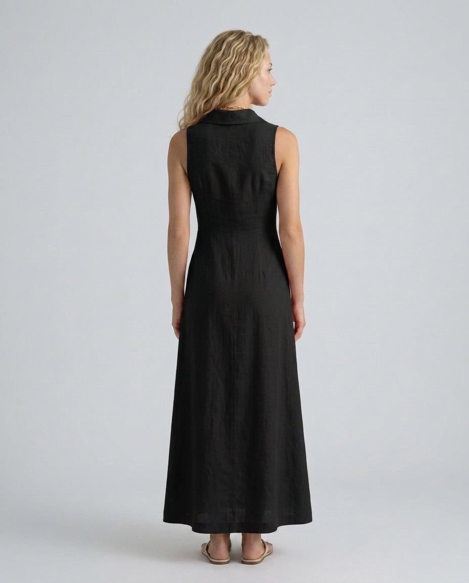Chloe | Women's Wedding Guest Elegant Linen-Blend Sleeveless Maxi Shirt Dress Dresses — 2