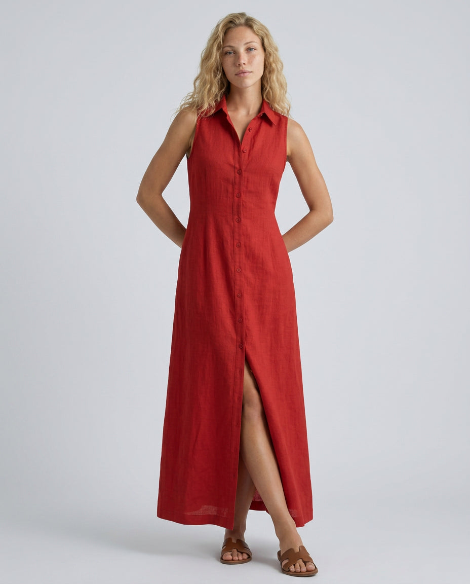 Chloe | Women's Wedding Guest Elegant Linen-Blend Sleeveless Maxi Shirt Dress Dresses — Red