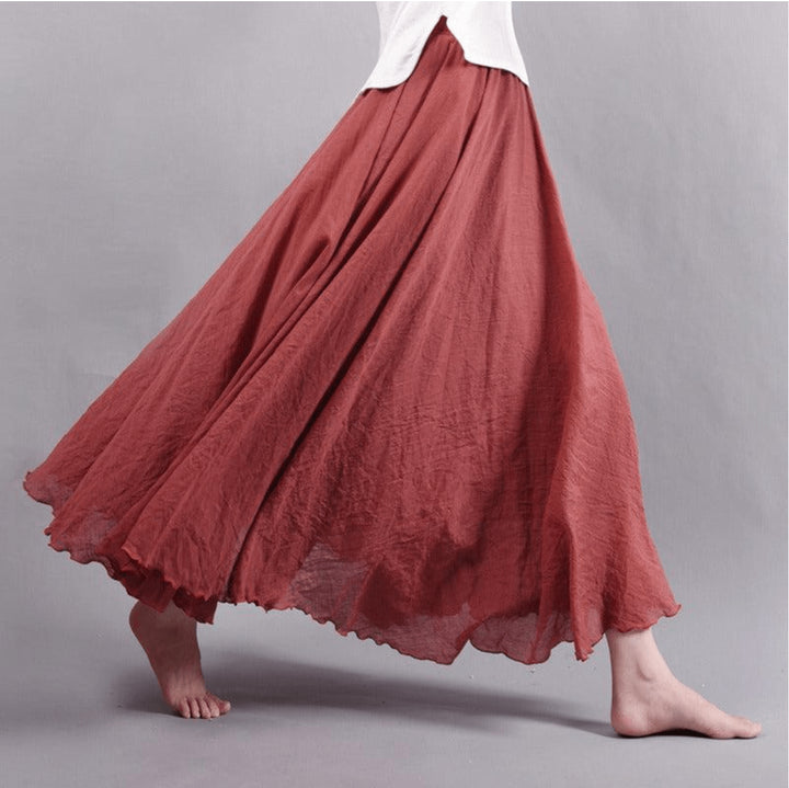 Ciraaria | Women's High-Waist Scalloped Hem Linen Maxi Skirt — Red