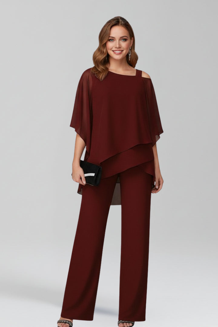 Cirareth | Women's Elegant Off Shoulder Jumpsuit with Wide-Leg Pants — Burgundy