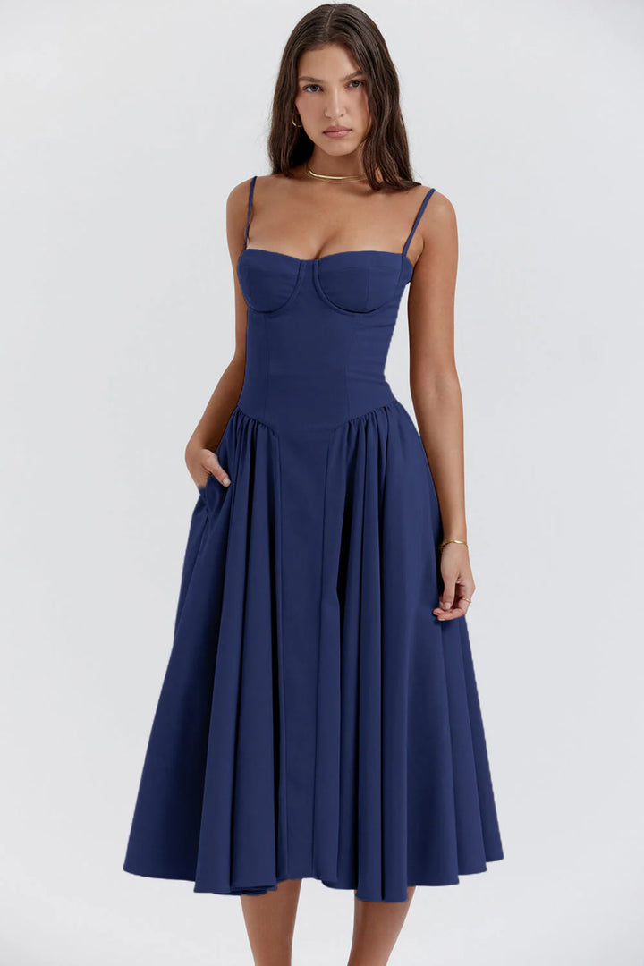 Clementina | Women's Wedding Guest Elegant Sage Green Midi Dress For Dresses — Blue
