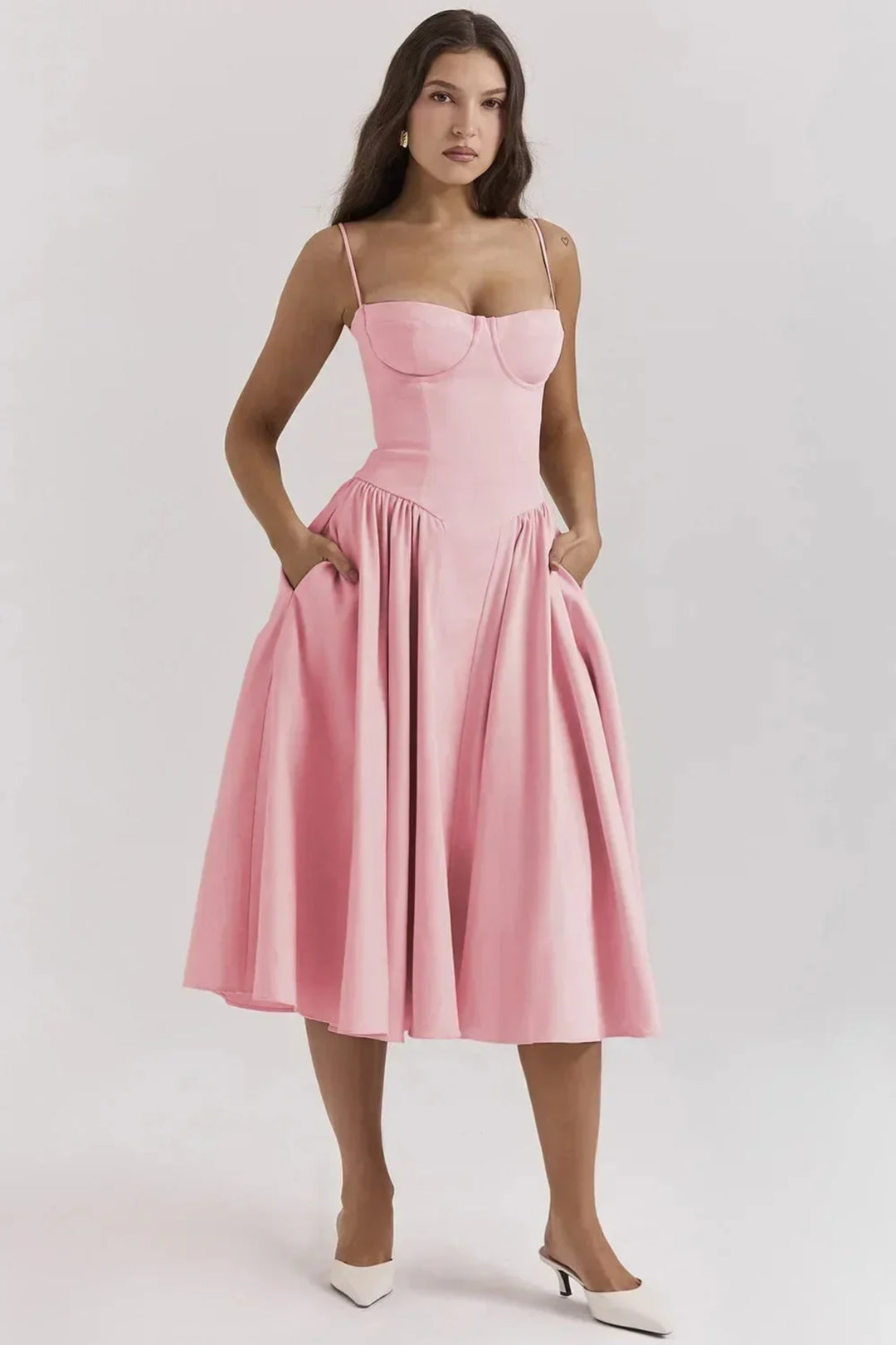 Clementina | Women's Wedding Guest Elegant Sage Green Midi Dress For Dresses — Pink