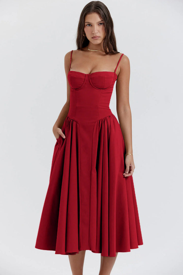 Clementina | Women's Wedding Guest Elegant Sage Green Midi Dress For Dresses — Red