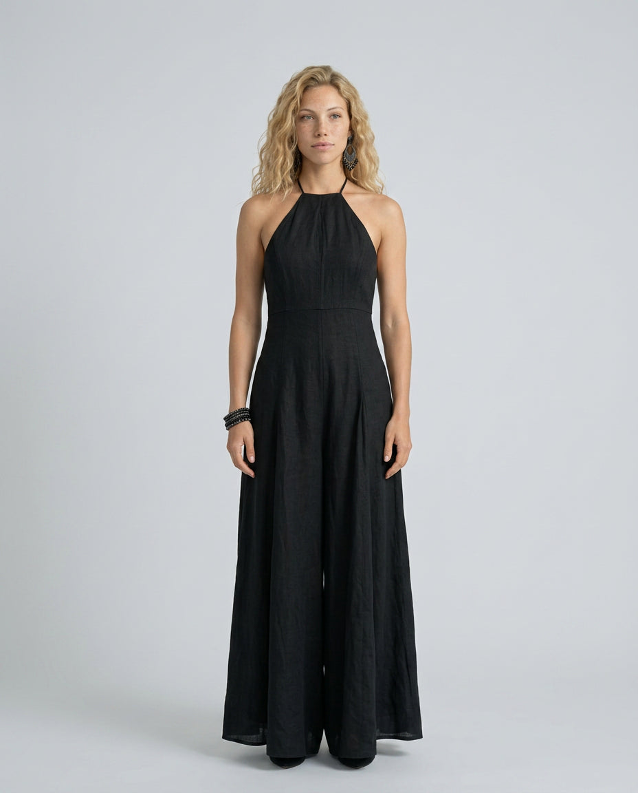 Cora | Women's High-Waist Halter Neck Maxi Dress with Flowing Skirt — Black