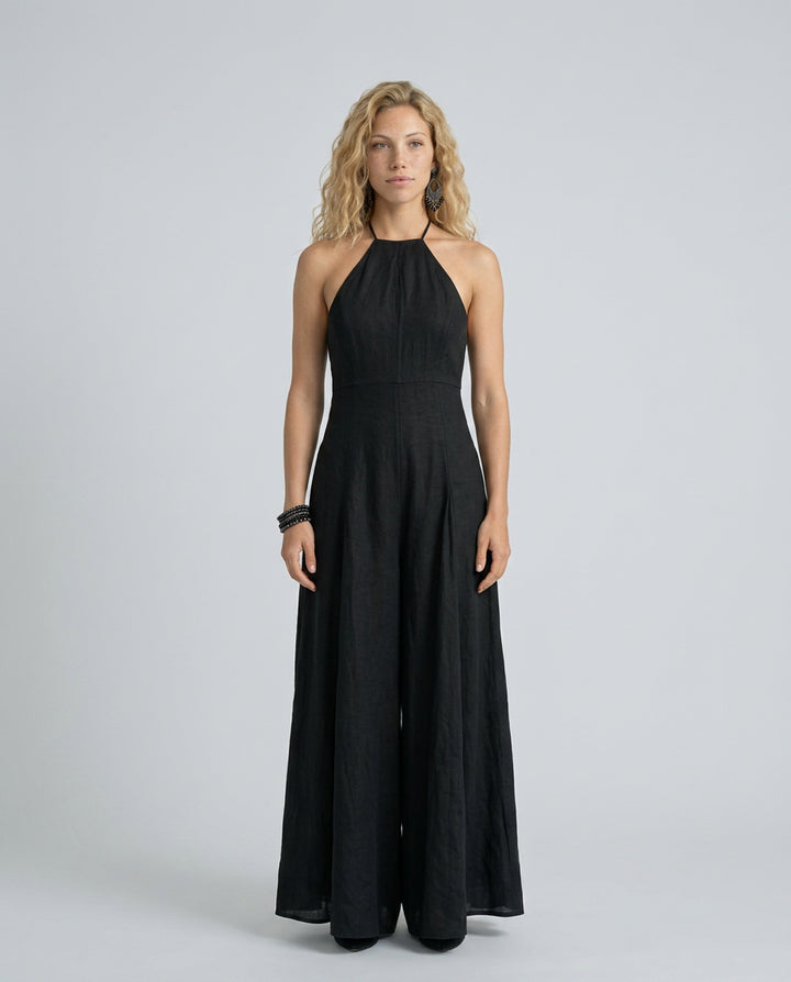 Cora | Women's High-Waist Halter Neck Maxi Dress with Flowing Skirt — Black