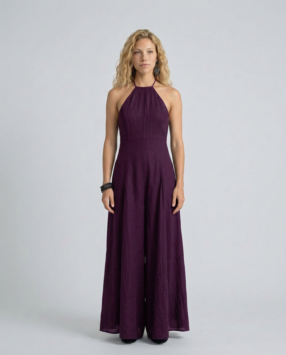 Cora | Women's High-Waist Halter Neck Maxi Dress with Flowing Skirt — Purple