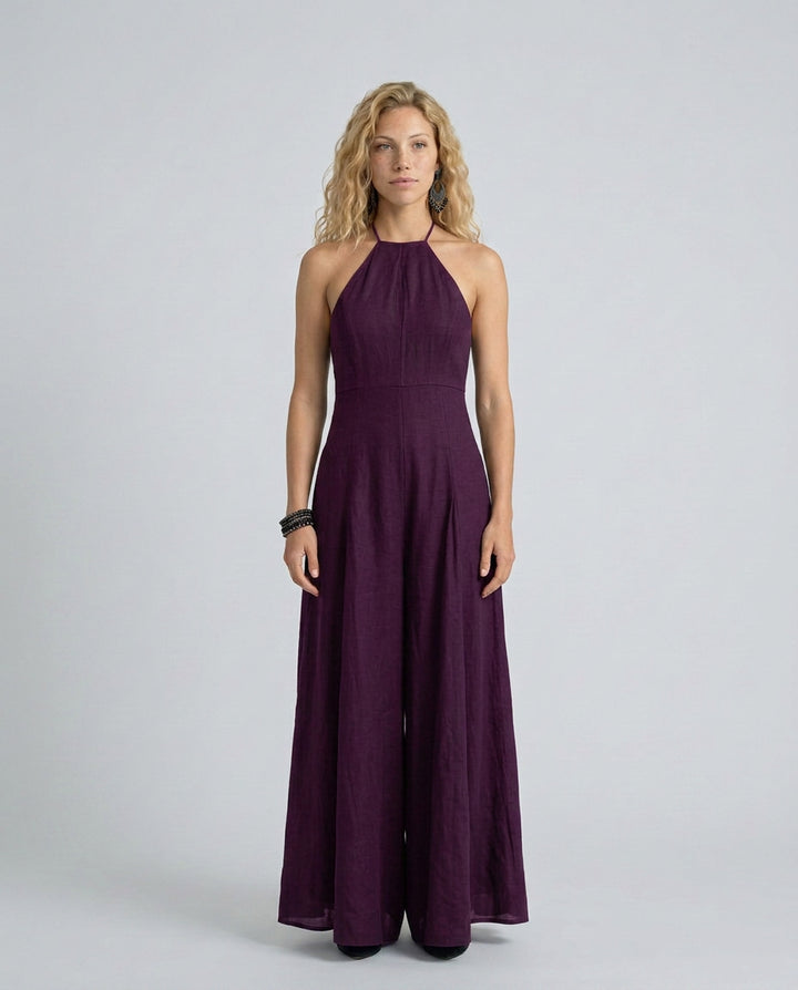 Cora | Women's High-Waist Halter Neck Maxi Dress with Flowing Skirt — Purple