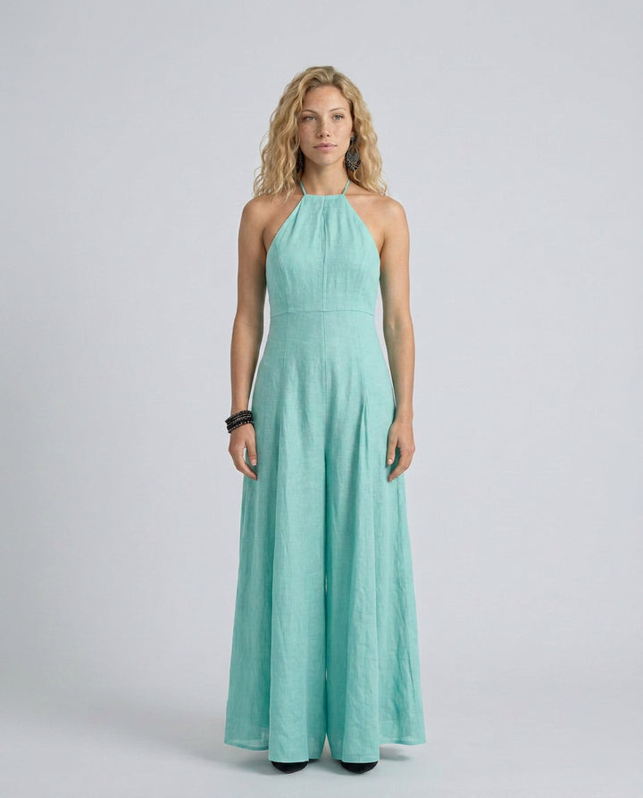 Cora | Women's High-Waist Halter Neck Maxi Dress with Flowing Skirt — Turquoise