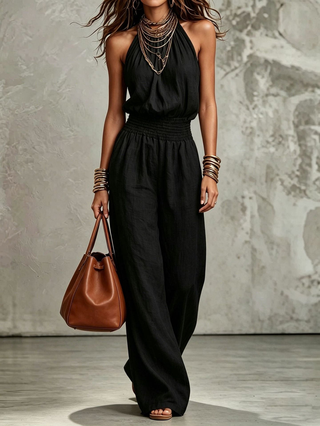 Corawynn | Women's Wide-Leg Elegant Wide Leg Jumpsuit Beige Linen Halter Neck for — Black