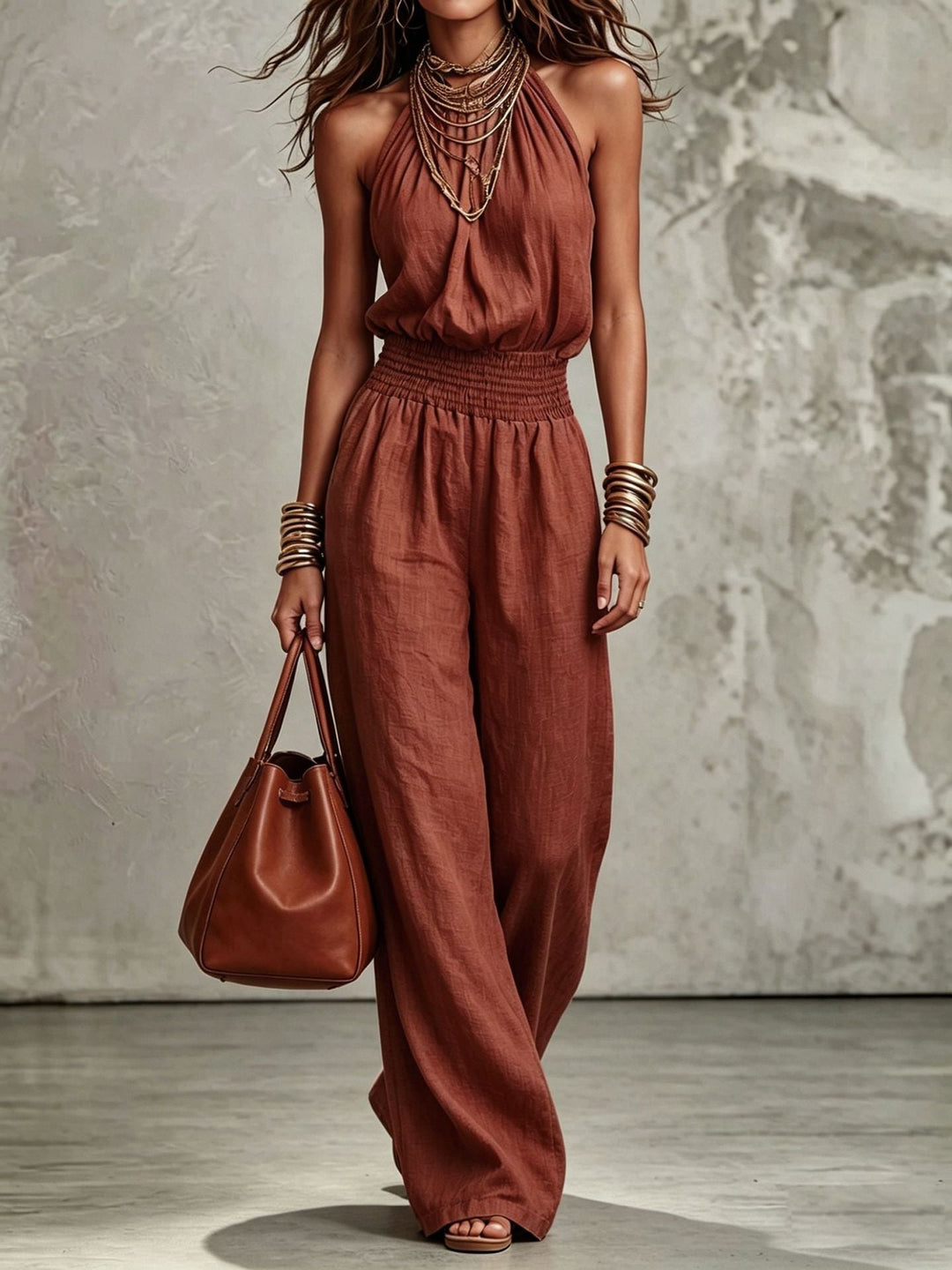 Corawynn | Women's Wide-Leg Elegant Wide Leg Jumpsuit Beige Linen Halter Neck for — Brown