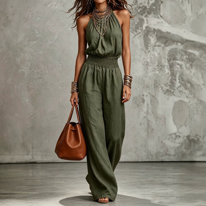 Corawynn | Women's Wide-Leg Elegant Wide Leg Jumpsuit Beige Linen Halter Neck for — Green