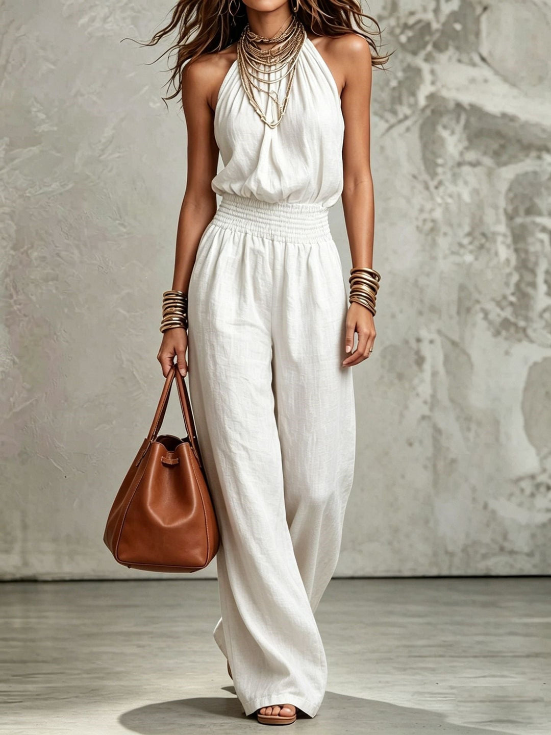 Corawynn | Women's Wide-Leg Elegant Wide Leg Jumpsuit Beige Linen Halter Neck for — White