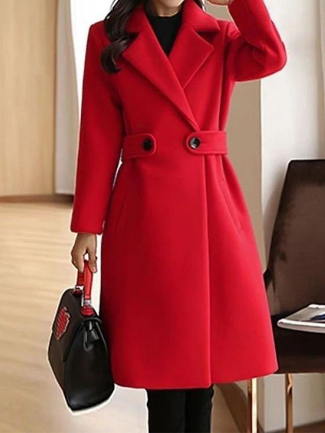 Cordelia | Women's Double-Breasted Trench Premium Belted Long Wool Coat For — Red