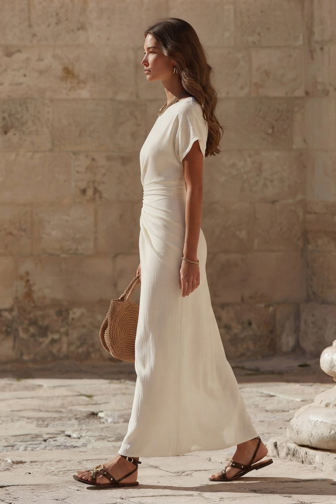 Corinnova | Textured Linen Blend Ruched Waist Maxi Dress